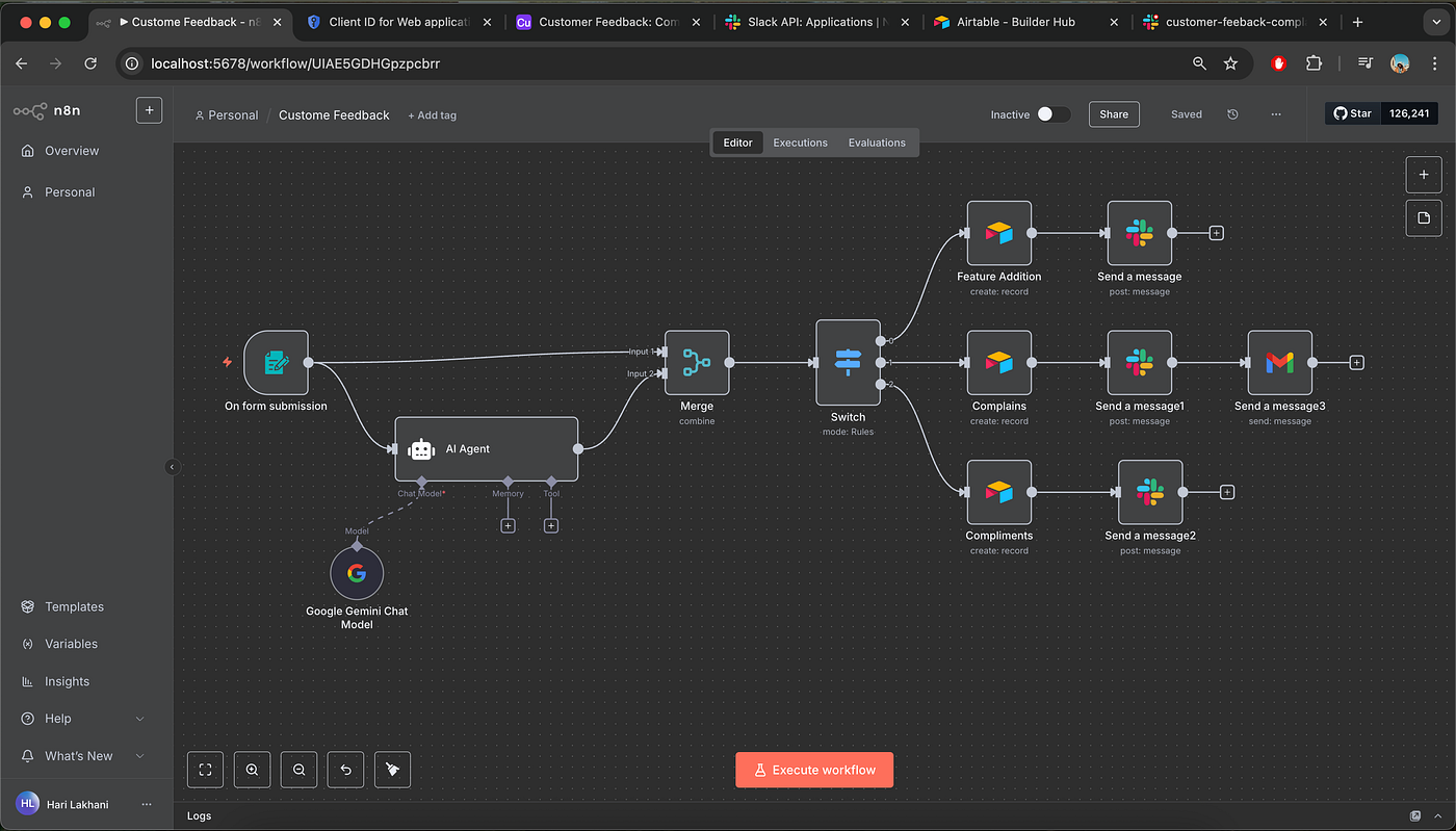 Complete n8n workflow for AI customer feedback classification and routing