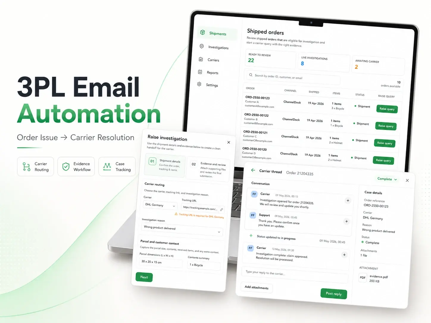3PL Email Automation — supplied project presentation and application views