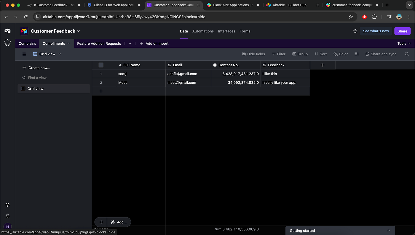 Three Airtable tables for feature requests, compliments and complaints