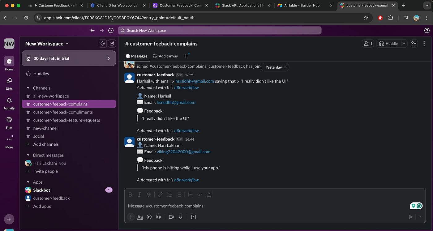 Slack channel showing customer feedback alerts sent by n8n